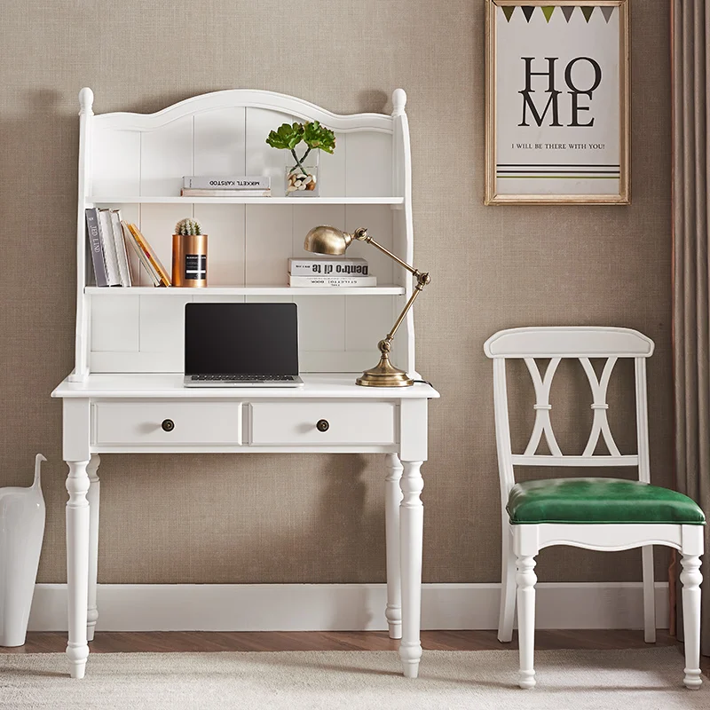 Modern American simple white computer desk study desk household solid wood desk bookcase bookshelf integrated combination