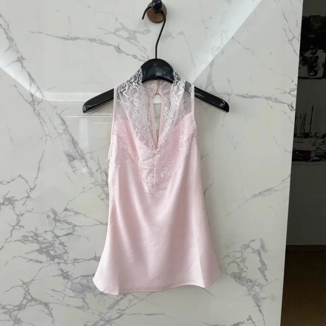 

customized women's adult fashion clothing lace camisole vest sexy perspective lace patchwork satin V-neck top sexy lingerie bra