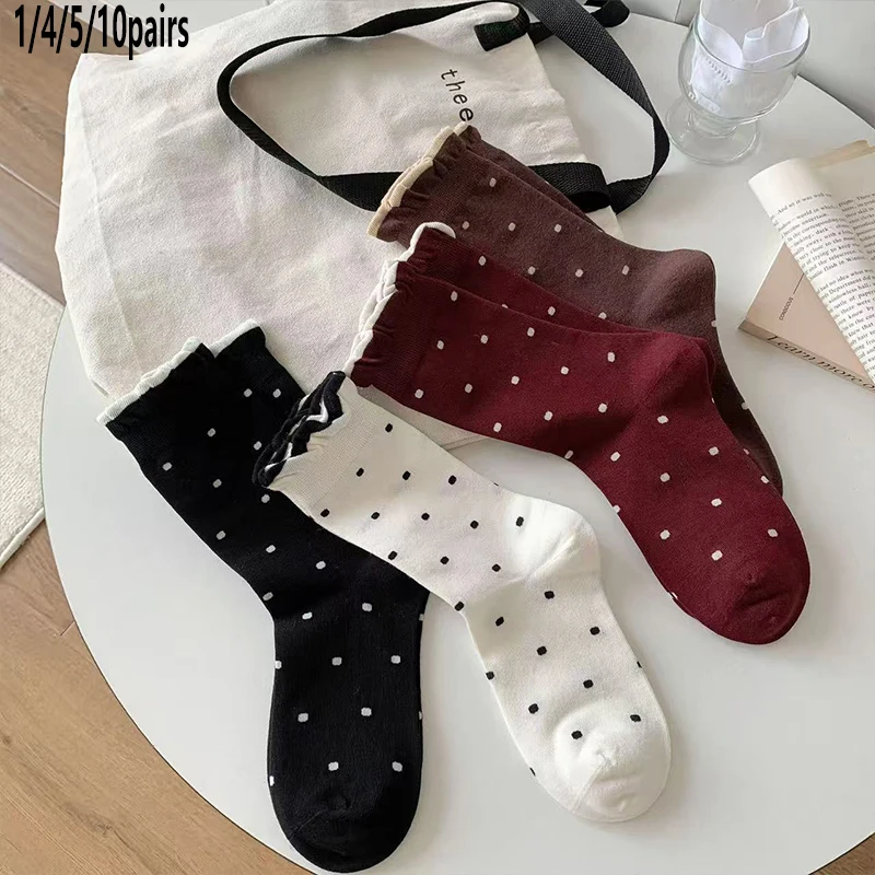 1/4/5/10 Pairs Women Mid-Calf Socks, Ruffle Trim, Polka Dot Print, College Style, Comfortable Breathable