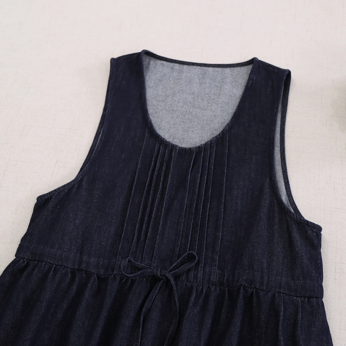 Abito in denim senza maniche con canotta vintage giapponese Mori Girl Donna Autunno O-Collo con coulisse in vita Abito casual con camicette midi allentate