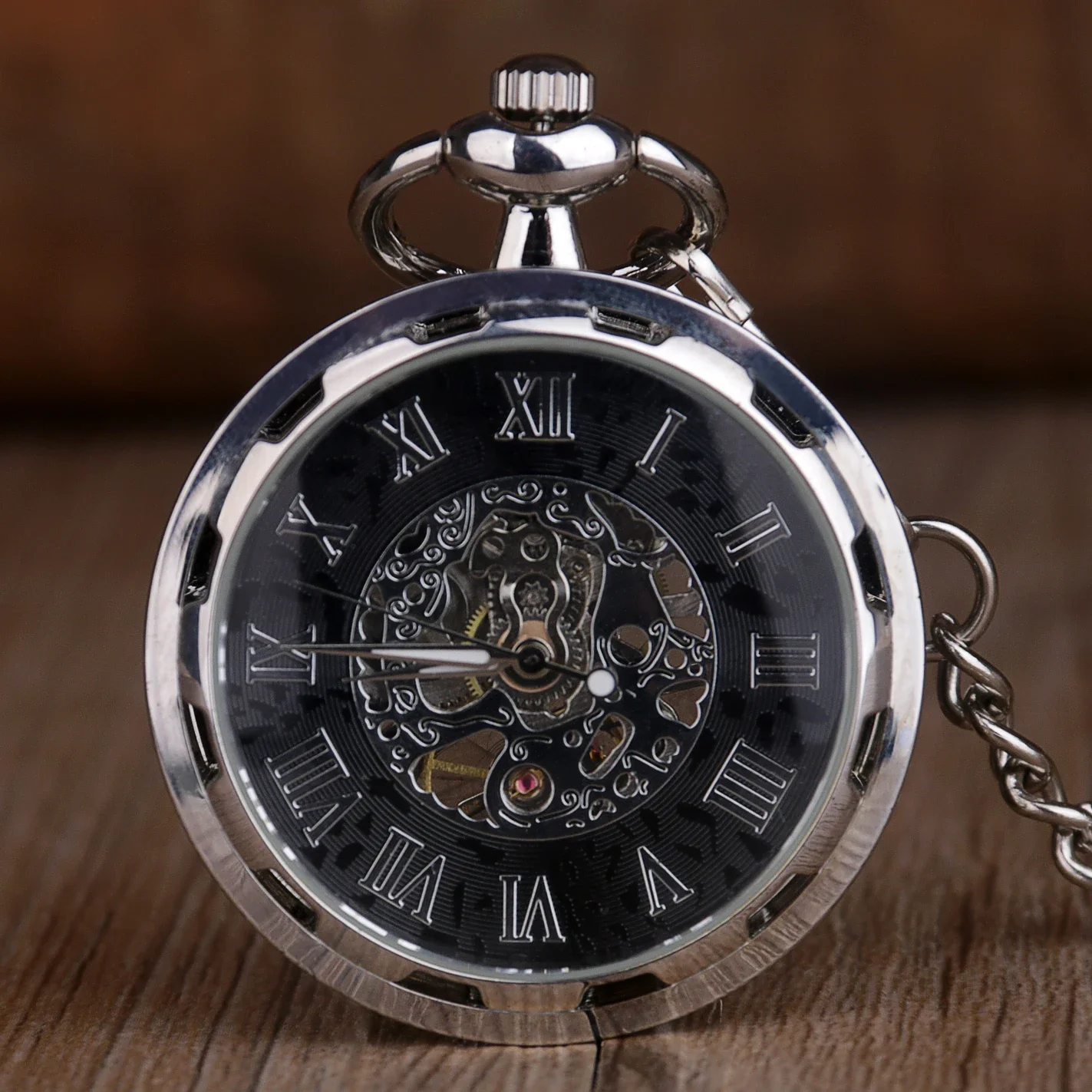 

Classic Silver Black Mechanical Pocket Watch FOB Chain Steampunk Skeleton Hollow Steel Roman Dial Mens Pocket Watch reloj hombre