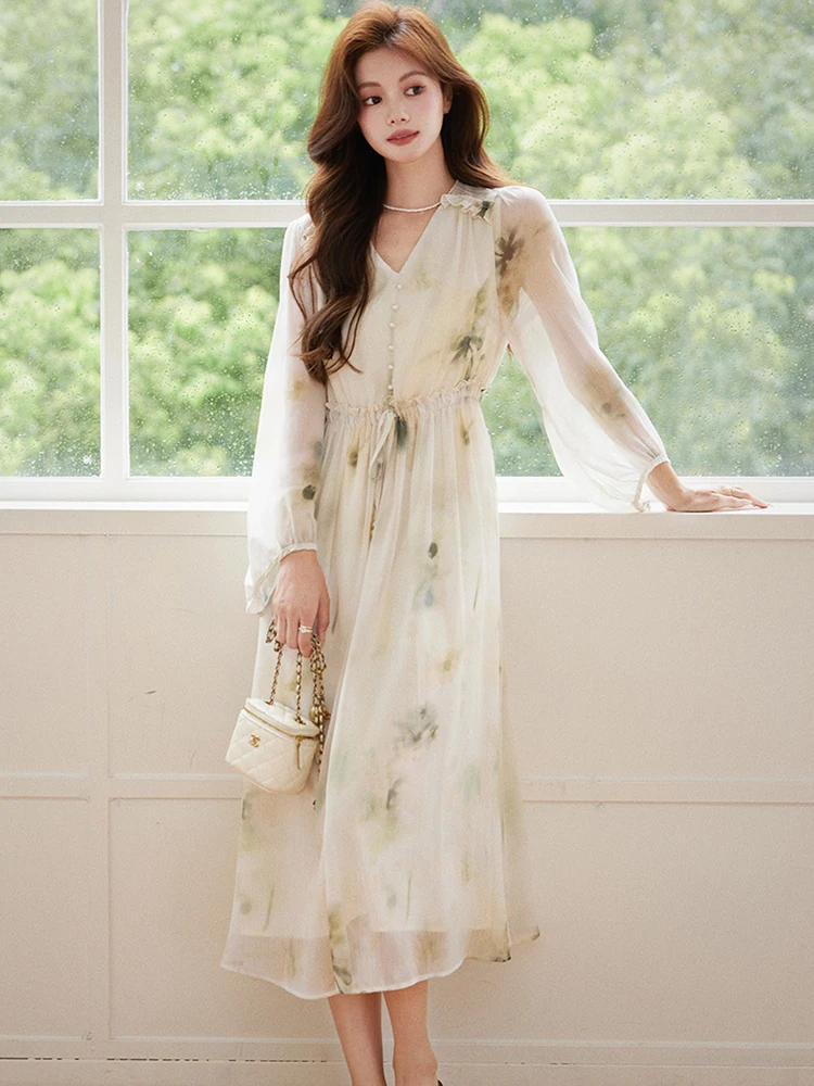 2025年新作プリントダイヤモンドVネックロングドレス レディース エレガントカジュアルホリデードレス 春秋 韓国風ボディコンボウバンデージドレス プロムドレス