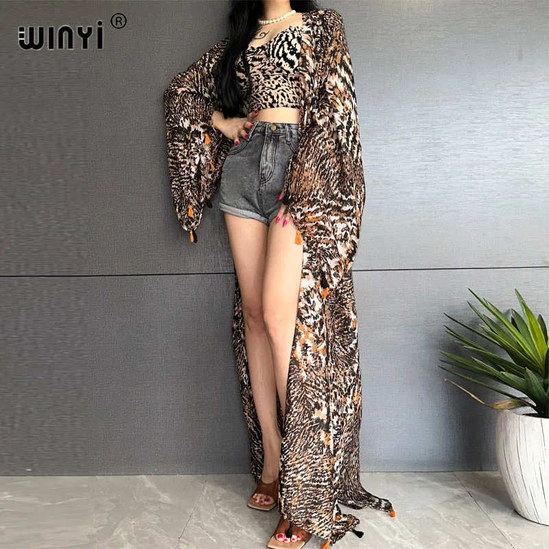 WINYI Summer Leopard print party Beach Wear Swim Suit Cover up Africa women Cardigan colorful sexy Holiday long Sleeve Kimono