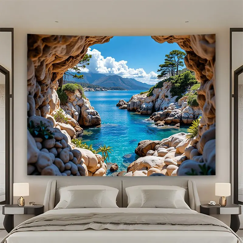 Luxury Tropical Coastal Ocean View Tapestry Wall Hanging Art Blue Paradise Landscape Decor 150x300cm