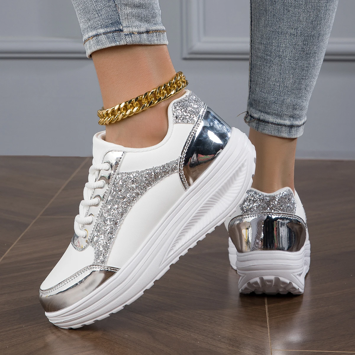 Sneaker Metal Color Casual Vulcanized Sport Shoes Fashion White Shoe for Woman Flats Shoes Summer Breathable shoes Women