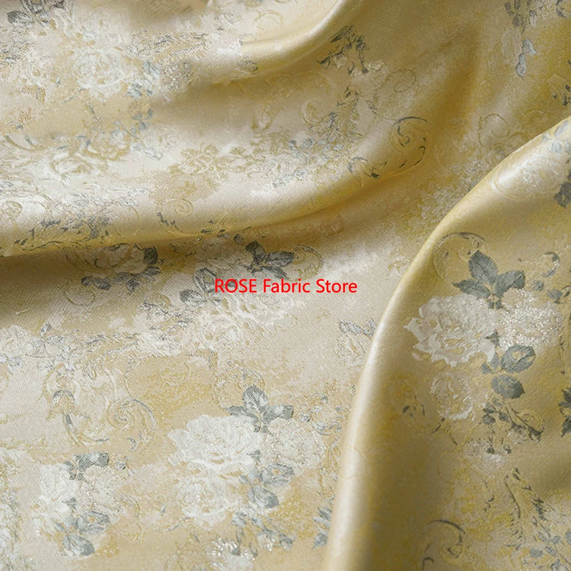 1 meter Light Yellow Bright Silk Rose Jacquard Fabric Soft Dress Vest Curtains Decorative Sewing Fabric