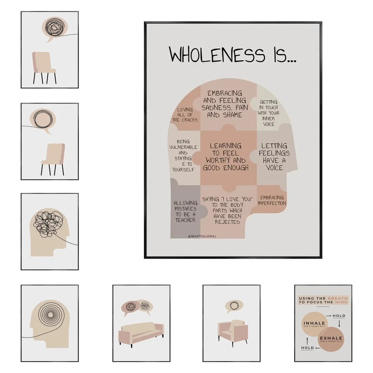 Modern Minimalist Psychotherapy-Themed Poster  Abstract Chair and Brain Frameless Canvas Art  Home Decor for Living Rooms