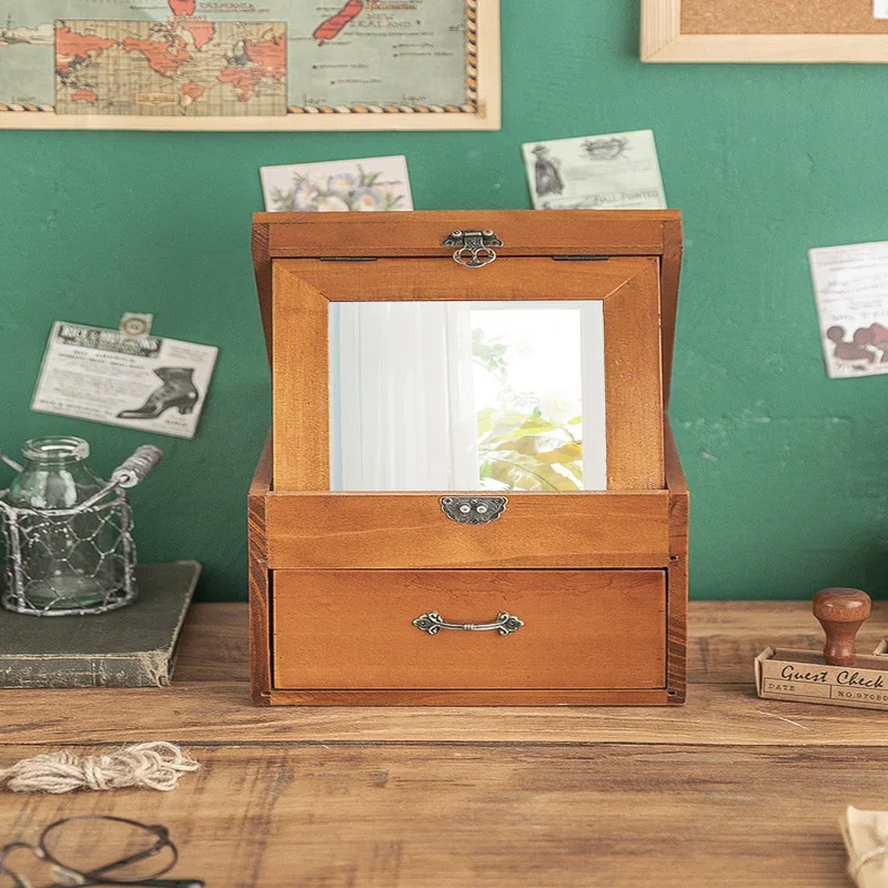 

Vintage Solid Wood Storage Box, Multi-Layer Drawer with Handle, Glass Dustproof Flip Design, Living Room Organizer.