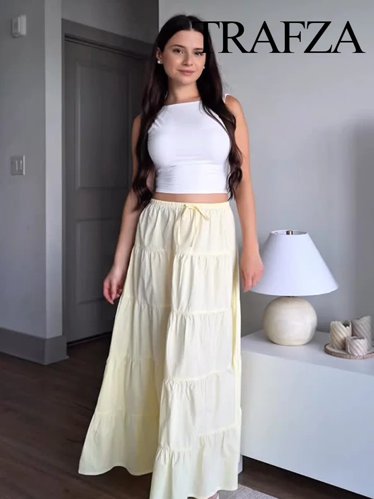 

TRAFZA женская мода 2025 года, универсальная однотонная хлопковая многослойная сращенная ​ ​ Длинная юбка Женская элегантная тонкая юбка со средней талией и бантом на шнуровке