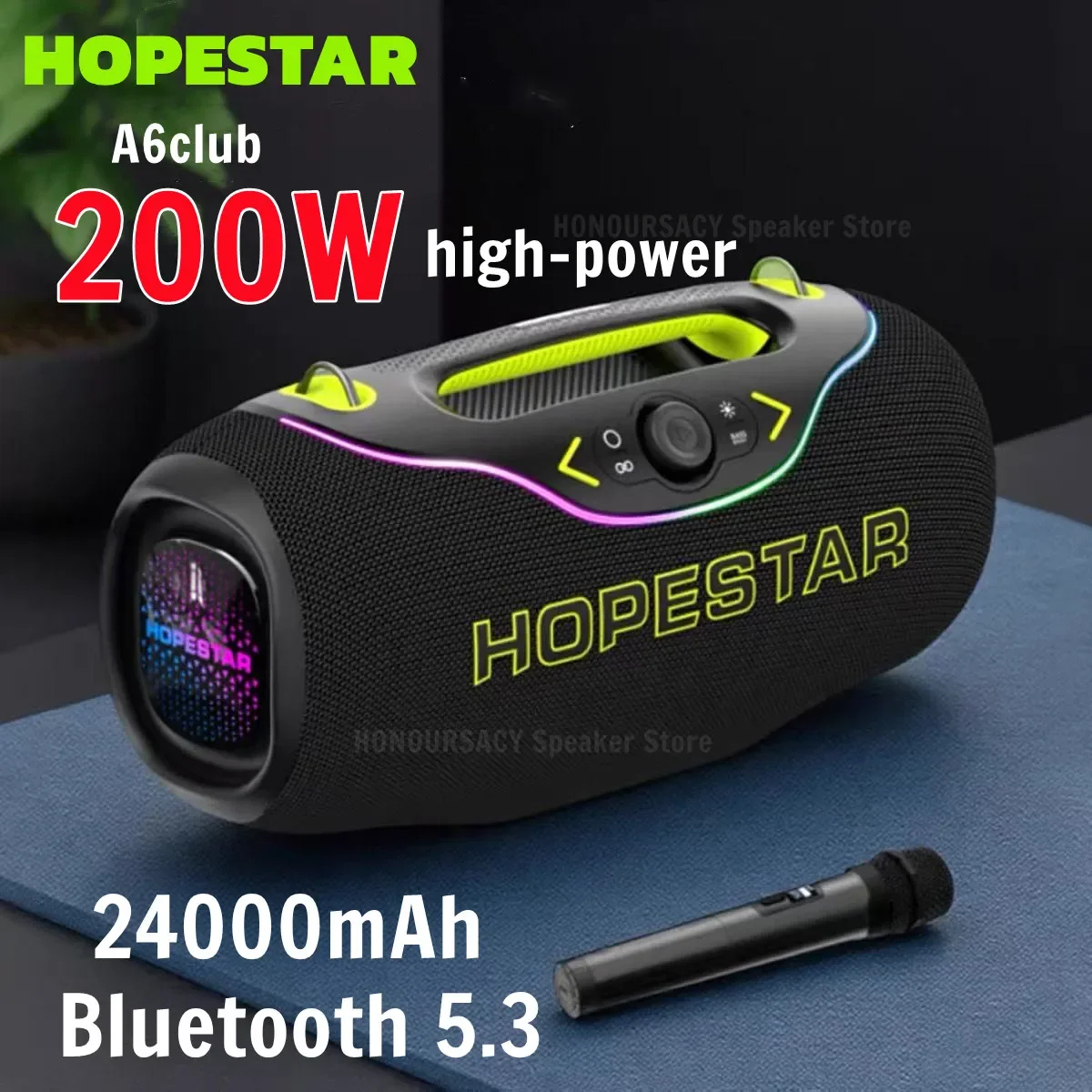 Hopestar A6 Club مكبر صوت بخاصية البلوتوث قابل للنقل 200 وات عالي الطاقة 24000 مللي أمبير في الساعة فائق التحمل مع ميكروفون TWSstereo كاريوكي مكبر صوت لاسلكي