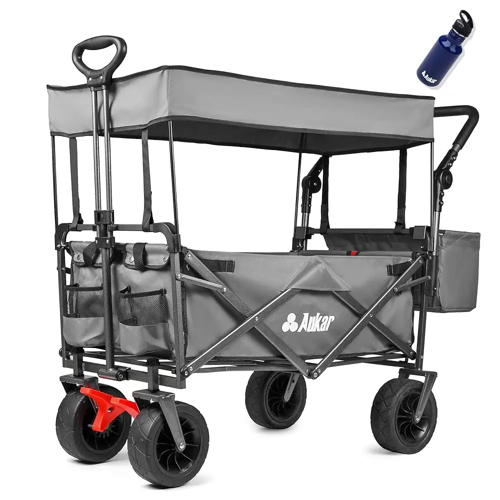 

Collapsible Canopy Wagon - Heavy Duty Utility Outdoor Foldable Garden Cart - With Adjustable Push Pulling Handles,Big Wheels