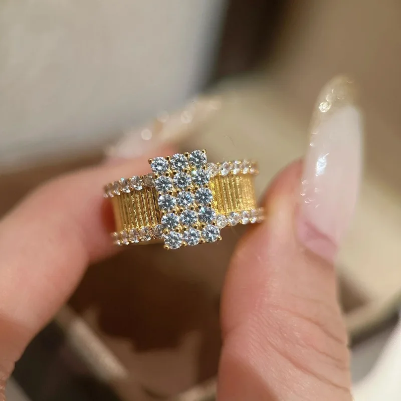 Light luxury retro classical diamond inlay Square rings for women unique design exquisite ring wedding banquet jewelry gift