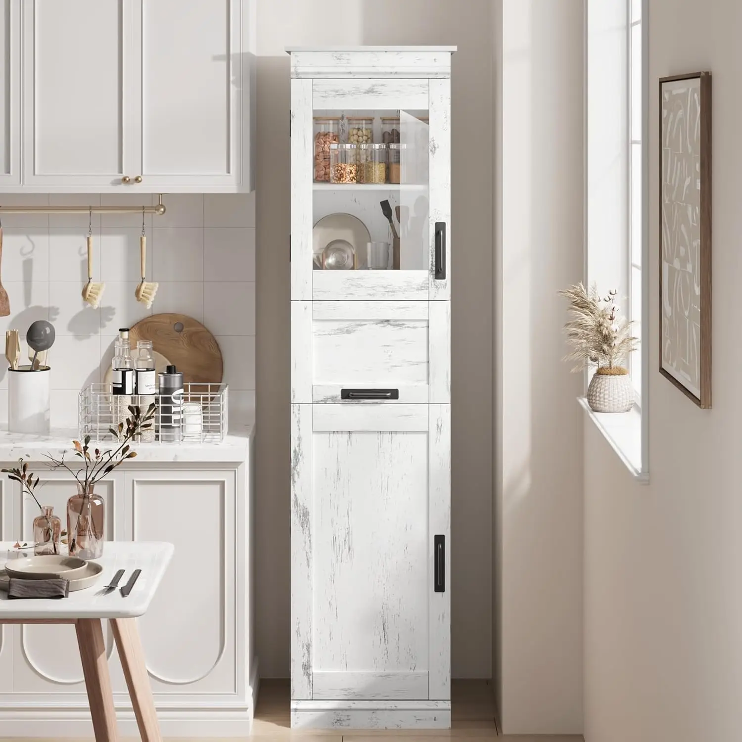 170cm Bathroom Cabinet, Slim Freestanding Storage Cupboard with Adjustable Shelves & Glass Doors, Narrow Space-Saving Organizer