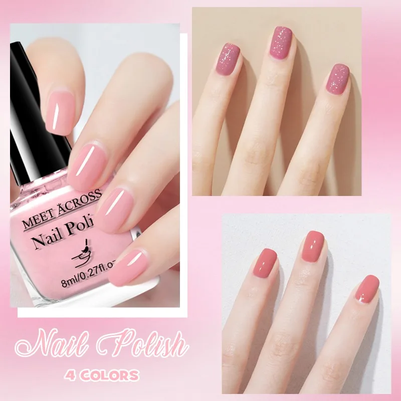 4Pcs/Set 8ml Pink Brown Glass Bottle Gel Nail Polish Set NoWipe Top Soak Off UV LED Nail Lacquer Glitter Color Art Nail Polish