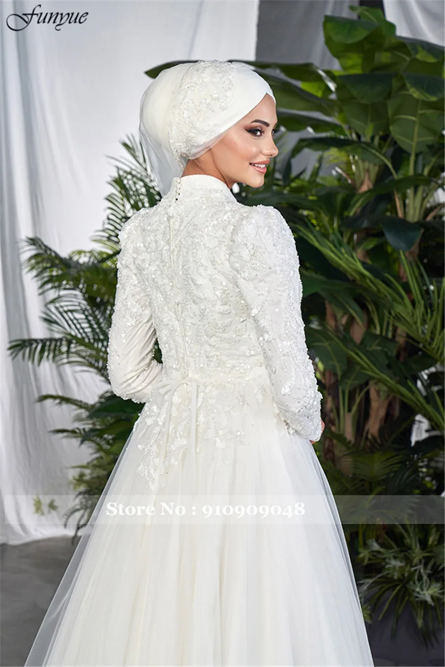 Funyue Vestidos De Novia A-Line Tulle Lace Muslim Bridal Dress for Bride Long Sleeve Hijab Islamic Wedding Gown Arabic Dubai