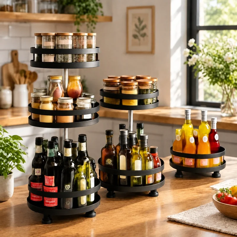 Rotating 360-Degree Spice Rack Turntable for Efficient Kitchen Storage and Accessory Organization