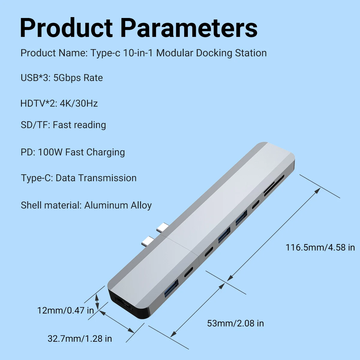 C타입 USB 허브 도킹 스테이션 어댑터, 도크 익스텐더, 4K, HDMI 호환, TF/SD 2.0, 100W PD, 고속 충전, USB 3.0, 10 인 1