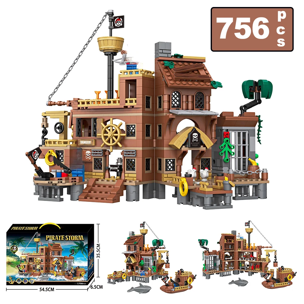 756 pièces de blocs de construction MOC, navire pirate, ville, amis, quai en bord de mer, petit bateau, figurines, briques, modèle, jouet éducatif créatif, cadeau