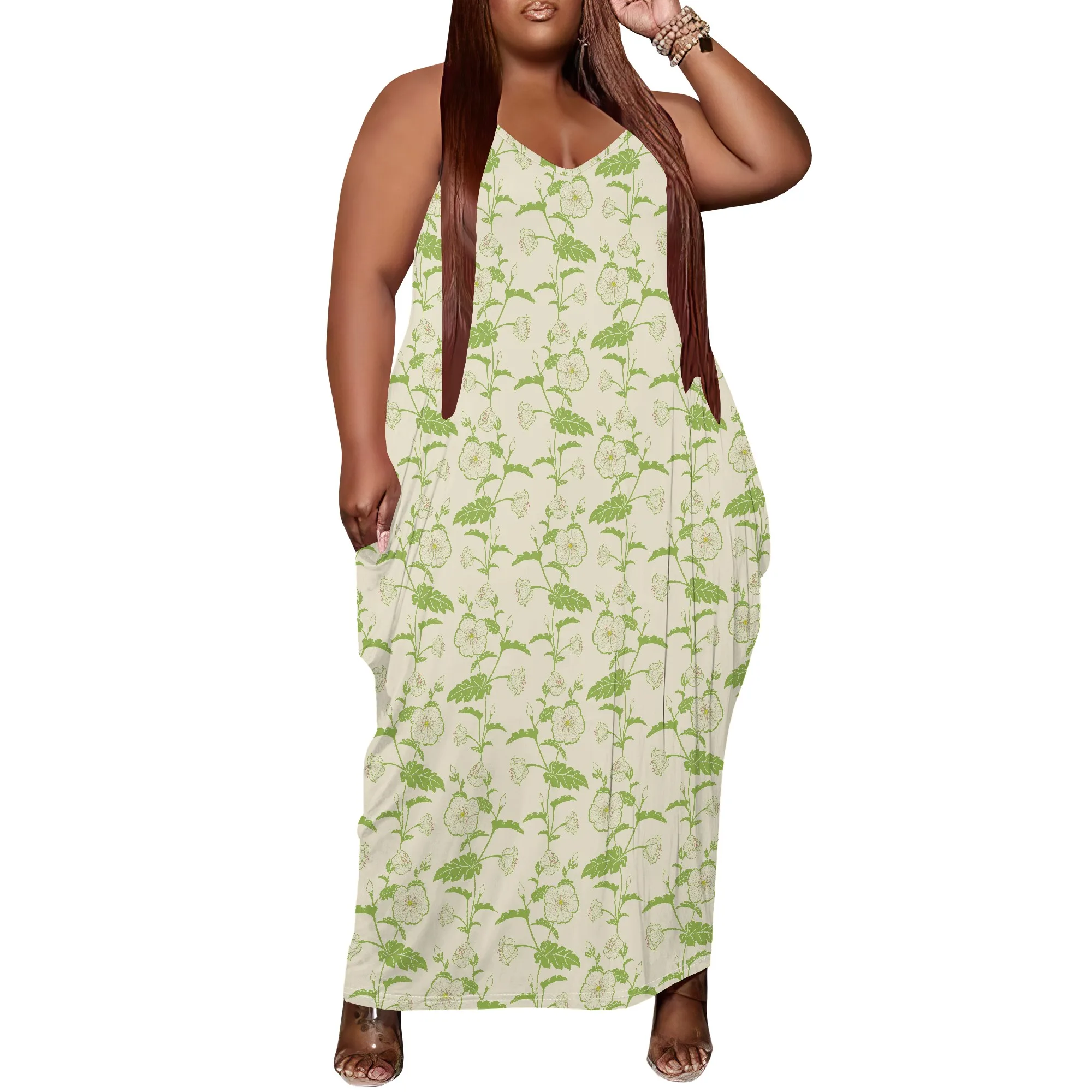 

Women's Plus Size Dress Floral Print Loose Strap Maxi Dress with Pocket Stretchy Rustic XL-6XL
