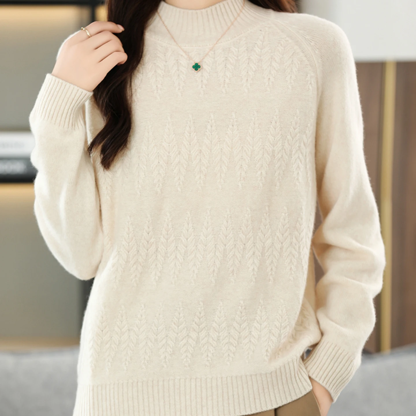 ZYCZCXX Women's Half High Neck Knit Sweater 100% Merino Wool Autumn Winter Thickened Jacquard Sweater Pullover Knitted Top