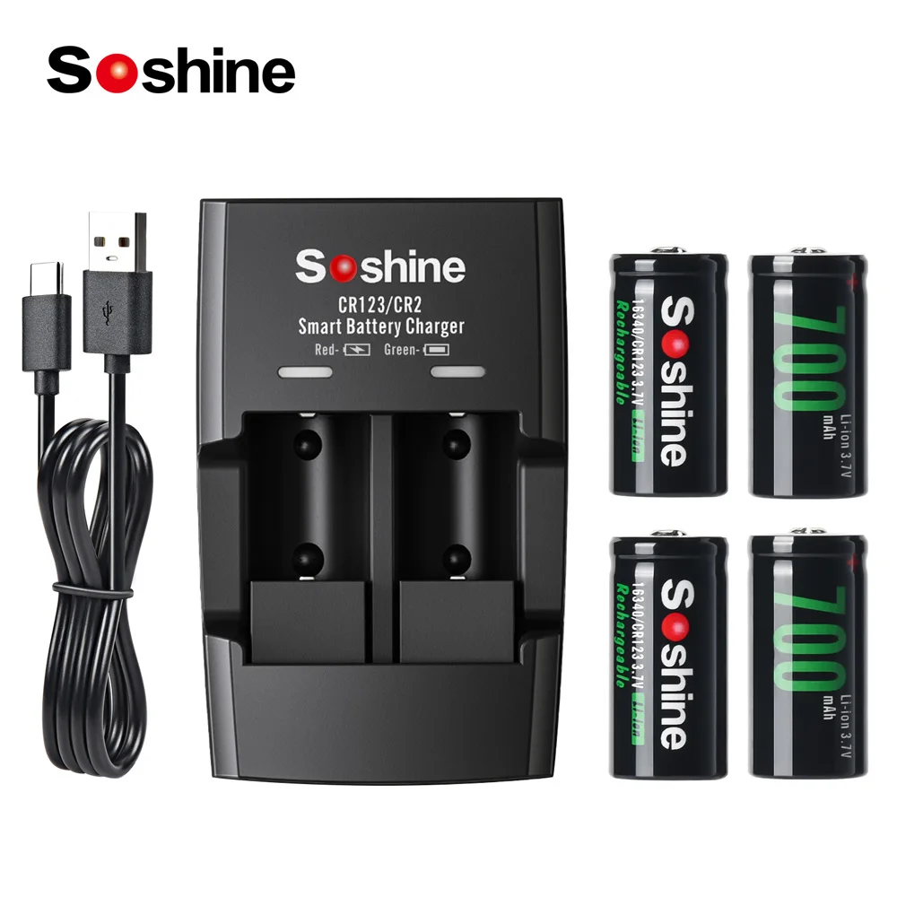 Soshine ที่ชาร์จ baterai litium อัจฉริยะแบตเตอรี่แบบชาร์จไฟได้3.7V 700mAh RCR123แบตเตอรี่ Li-ion ขนาด16340 700mAh รอบการคายประจุ500