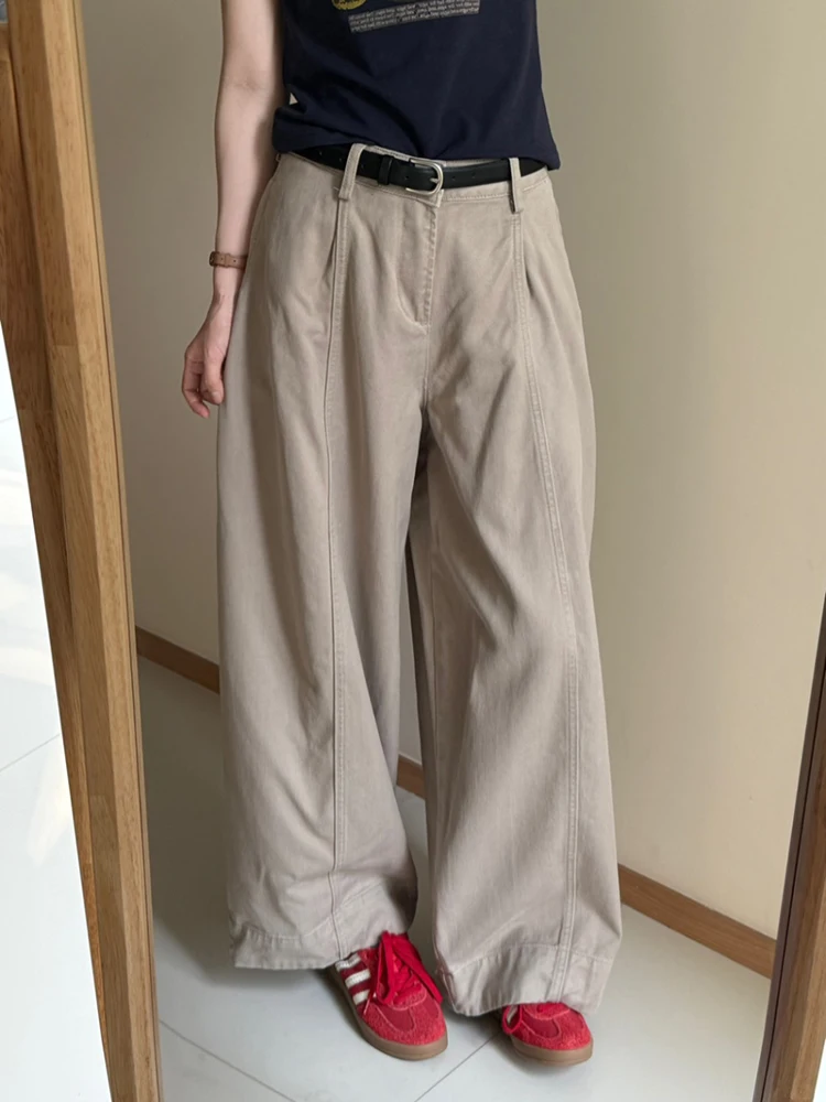 

Black Belted Wide Leg Balloon Pants Basic Style Spring 2026 Loose Fit Straight Cut Long Trousers for Women Casual Denim Jeans
