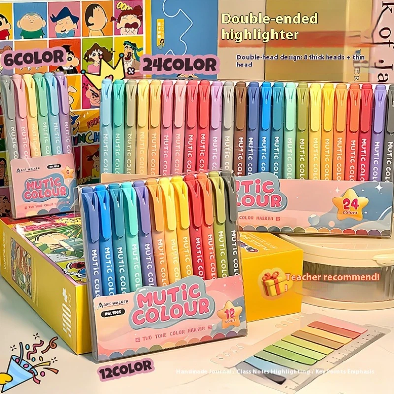 

6/12/24 Colors Double Headed Highlighters 1/4mm Tip For Students' Notebooks Key Marks Of The Meeting Study Notes School Supplies