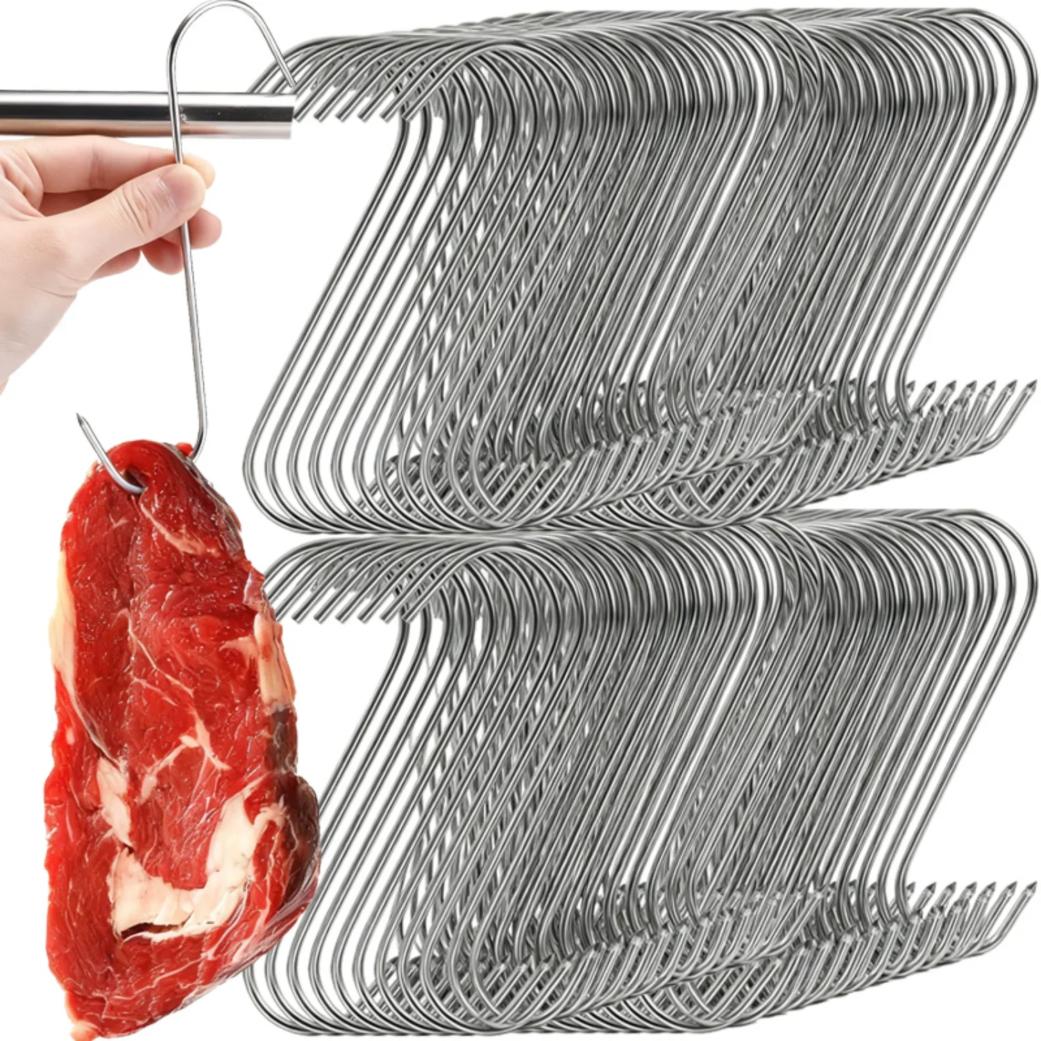 10–120 Stainless Steel S-Hooks with Sharp Tips—Meat Hooks for Butcher Shops, Kitchens, BBQ, Sausages, Bacon, Ham, and Smokers