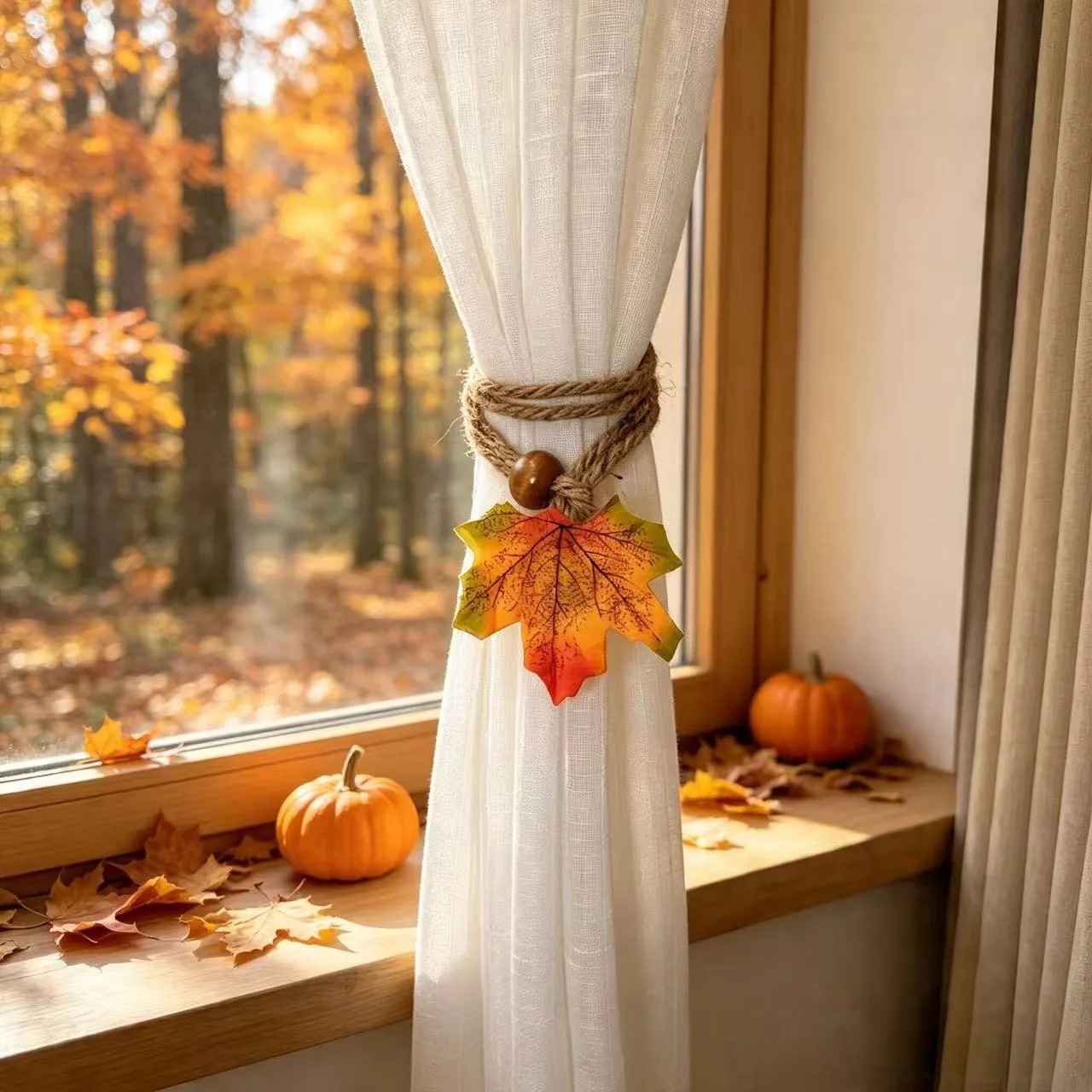 Simulated Maple Leaf Curtain Tiebacks, Adjustable Jute Rope Wooden Bead Curtain Holdback for Living Room Window Decoration