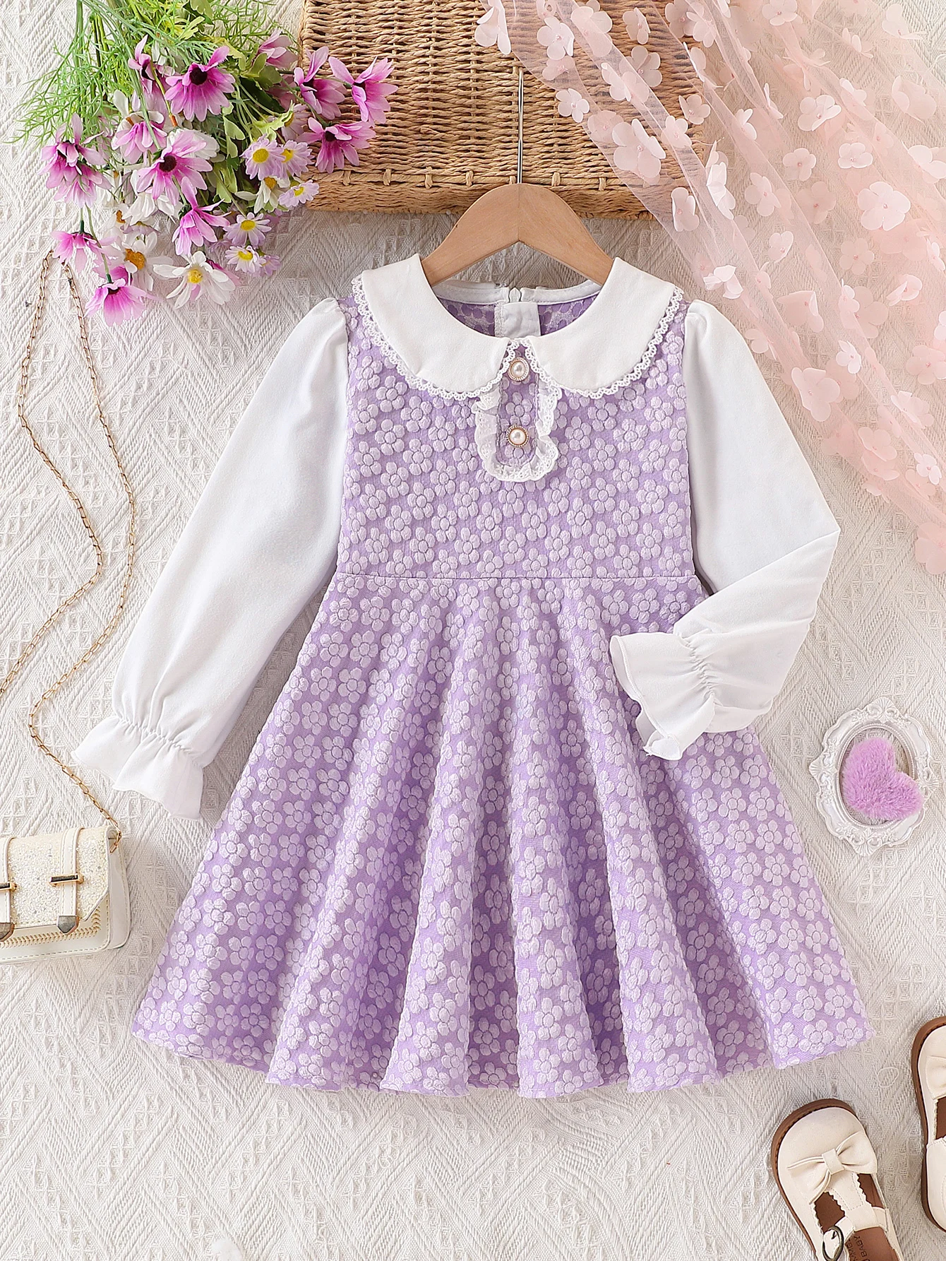 Girls' Elegant and Stylish White and Purple Contrast Color Long-Sleeved Knee-Length Dress with Small Lapels for Spring and Autumn, Suitable for Little Girls' Outdoor and Fancy Party Wear