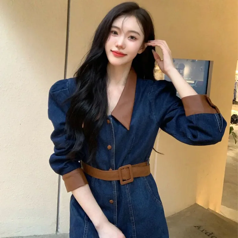 Woman Dress Superior Quality Summer Single Breasted V Neck Denim Patchwork Dresses Casual Vestidos Dropshipping GSFS89520