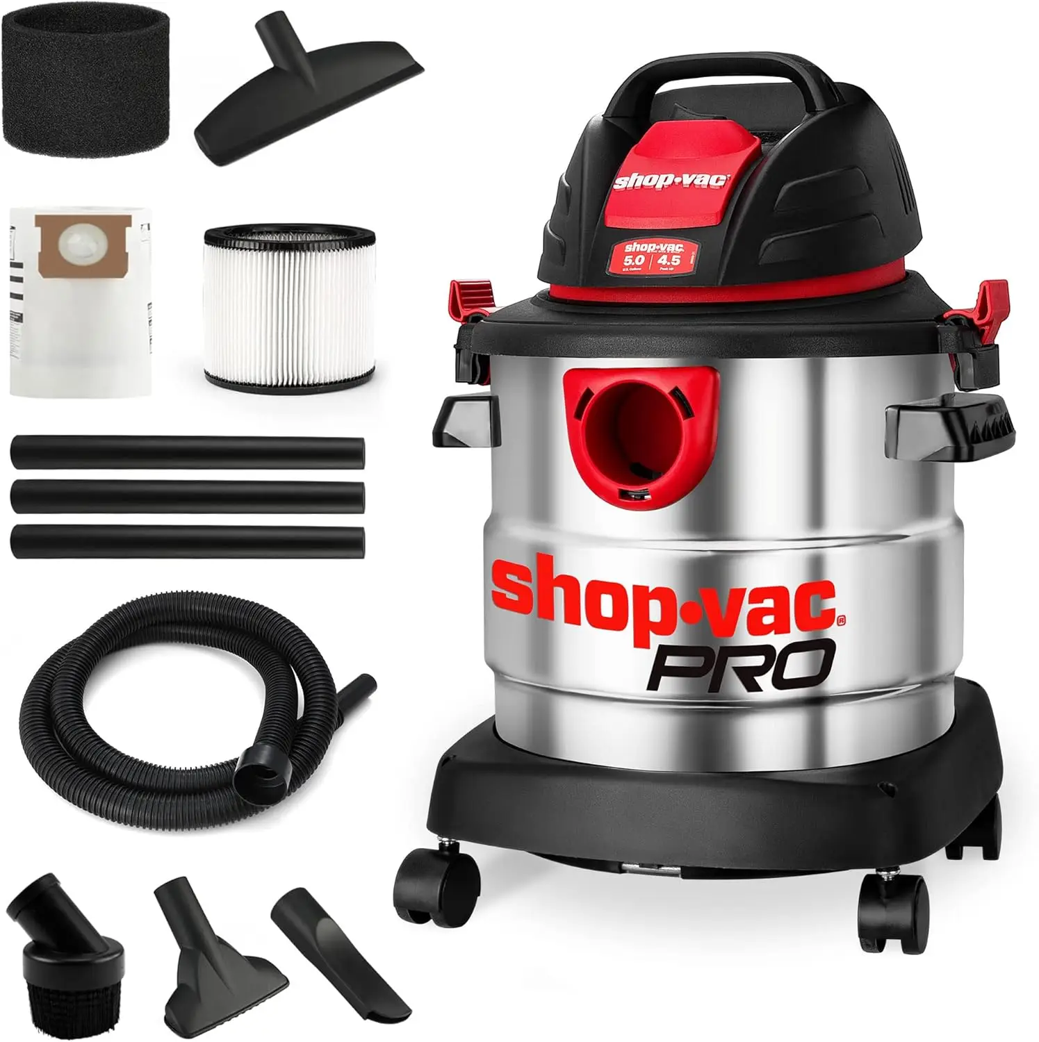 

Shop-Vac 5 Gallon 4.5 Peak HP Wet/Dry Vacuum, Stainless Steel Tank, Portable Shop Vacuum with Filter, Hose and Accessories for G