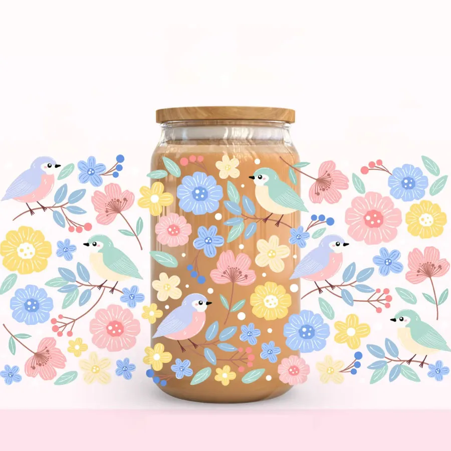 Sommer Boho Pastell Vogel Blumen UV DTF Rub-On Transferaufkleber 16oz Libbey Glas Sommer Eiskaffeebecher Dosenfolien Flaschendekoration