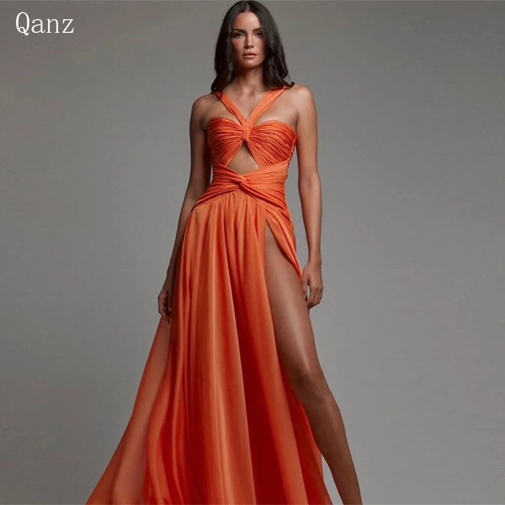 Qazn Sexy Silk Chiffon Evening Dresses Orange High Leg Slit Prom Dresses Mermaid Halter Neck Event Party Dress Women Customized