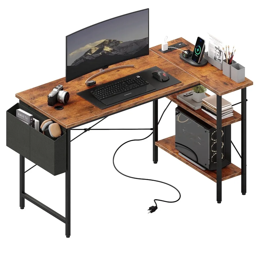 

39 inch Gaming Computer Desk with Power Outlet and LED Strip Reversible Storage Shelves for Home Office Rust