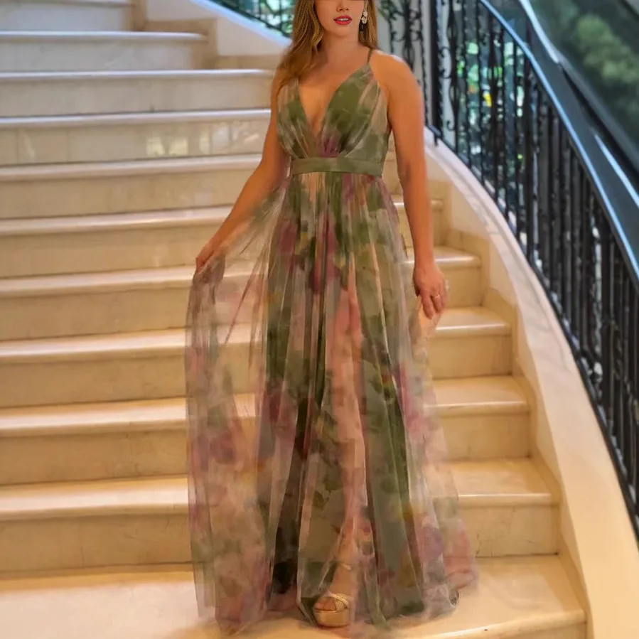 Fashion Women's Floral Print Party Dress V-Neck Sleeveless Lace Up Maxi Long Dresses Ladies Holiday Party Club Dress Robe