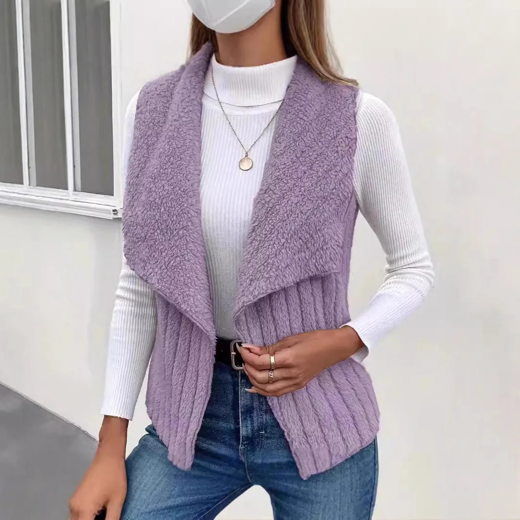 Casual Simple Solid Color Plush Vest Women Autumn Winter All-match Style Keep Warm Sleeveless Lapel Slim Vests Coat Female 2025