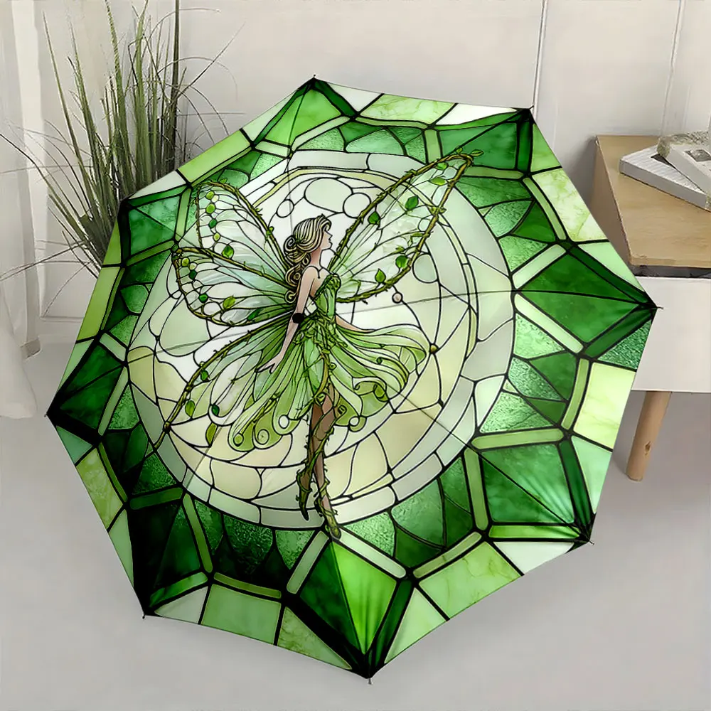 1PC Artistic Green Fairy Umbrella Design Print 8 Iron Ribs Folding Umbrella Auto-Open Fashion Sunshade