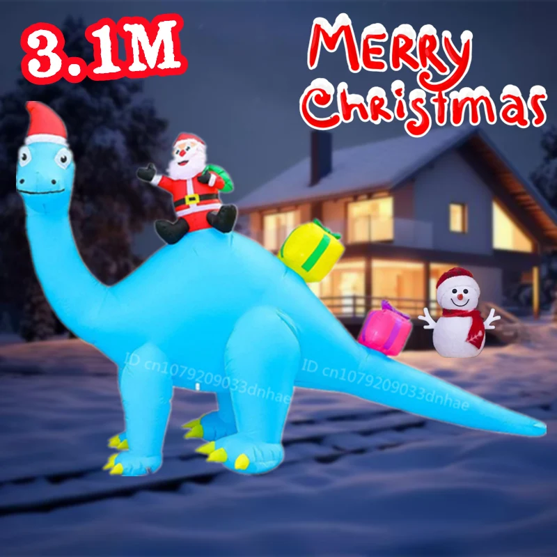 

Christmas Inflatable 3.1M Long Blue dinosaur carrying Santa Claus with Gift LED Lights Outdoor Courtyard Holiday Decorative Prop