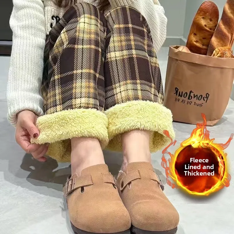 بنطلون كاجوال سميك مبطن بفرو الحمل المخملي للنساء، بنطلون شتوي للمنزل بساق مستقيمة وواسعة من القطن، ملابس نوم