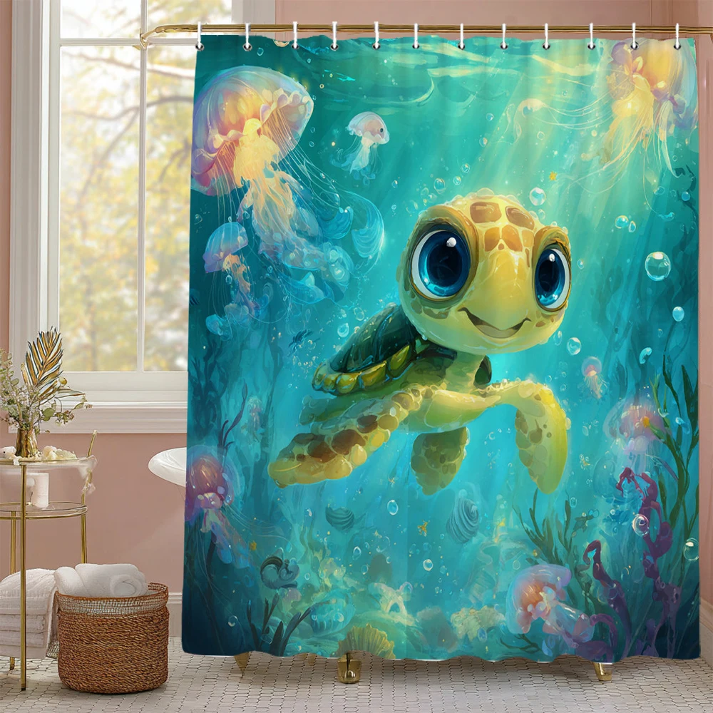 

Underwater World Sea Turtle Shower Curtain, Bathroom Decorative Shower Curtain, Cartoon cute Baby Shower Curtain with Hooks