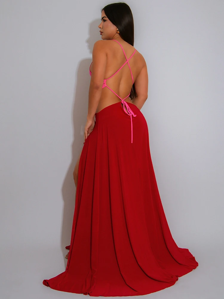 Maxivestido de playa para mujer, vestido de verano muy bajo con espalda descubierta, cintura recortada, Patechwork, cuello Halter, vestido de tirantes finos Sexy