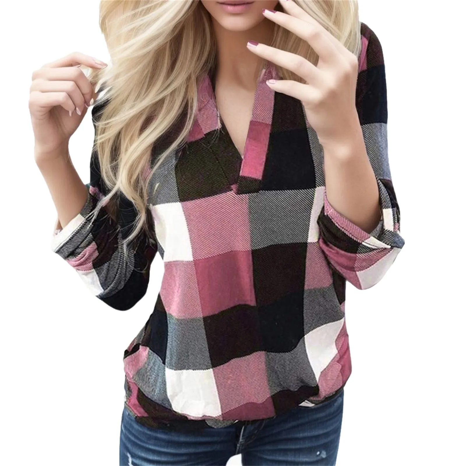 

Women's Fashionable Plaid Printing Standing Collar Long Sleeve Shirt Tops Spring And Summer Loose Daily Casual Ladies Blusas