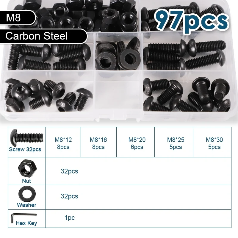 M1.6 M2 M2.5 M3 M4 M5 M6 M8 Innensechskant-Halbrundkopfschrauben, Muttern und Unterlegscheiben Set, Schwarz, Güteklasse 12.9, Inbus-Rundkopfschrauben und Muttern Kit