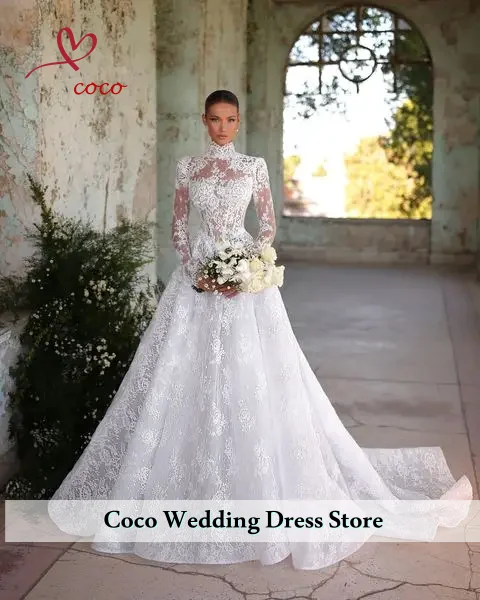 Customized Luxury High Neck Lace Applique Wedding Dresses Cut Out Tulle Outdoor Bridal Gowns Bride Party Dress Vestido De Novia
