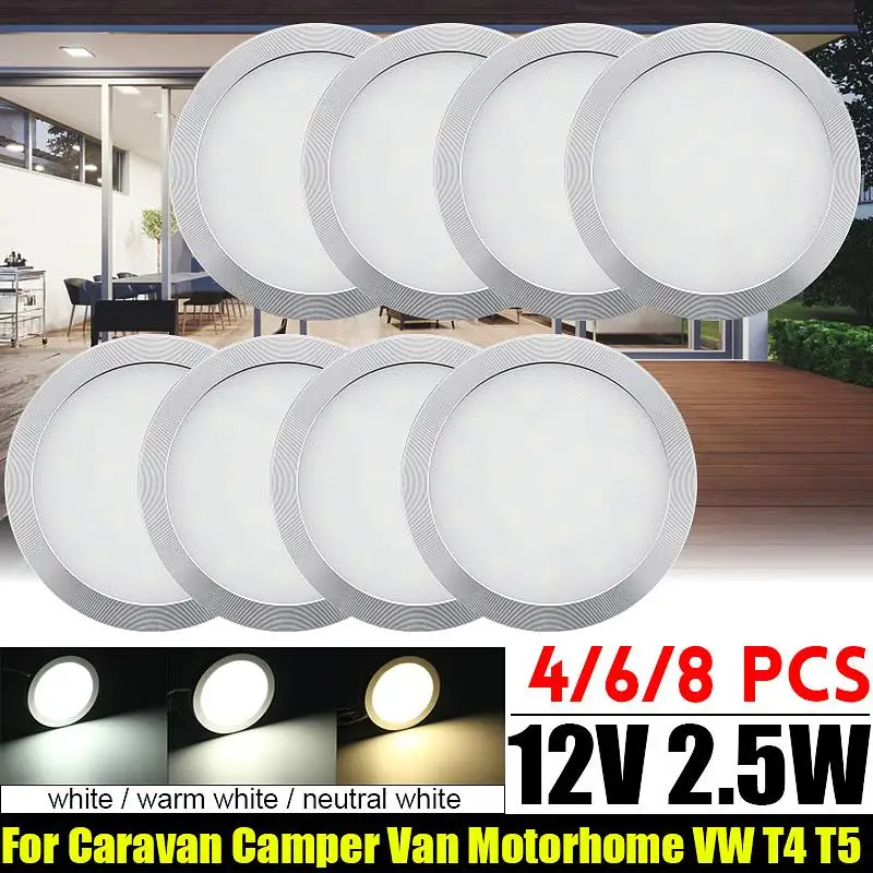 2/4/6/8PCS 12V LED Car Round Ceiling Dome Roof Light Interior Light Lamp For VW T4 T5 Camper Van Caravan Motorhome Boat RV Van