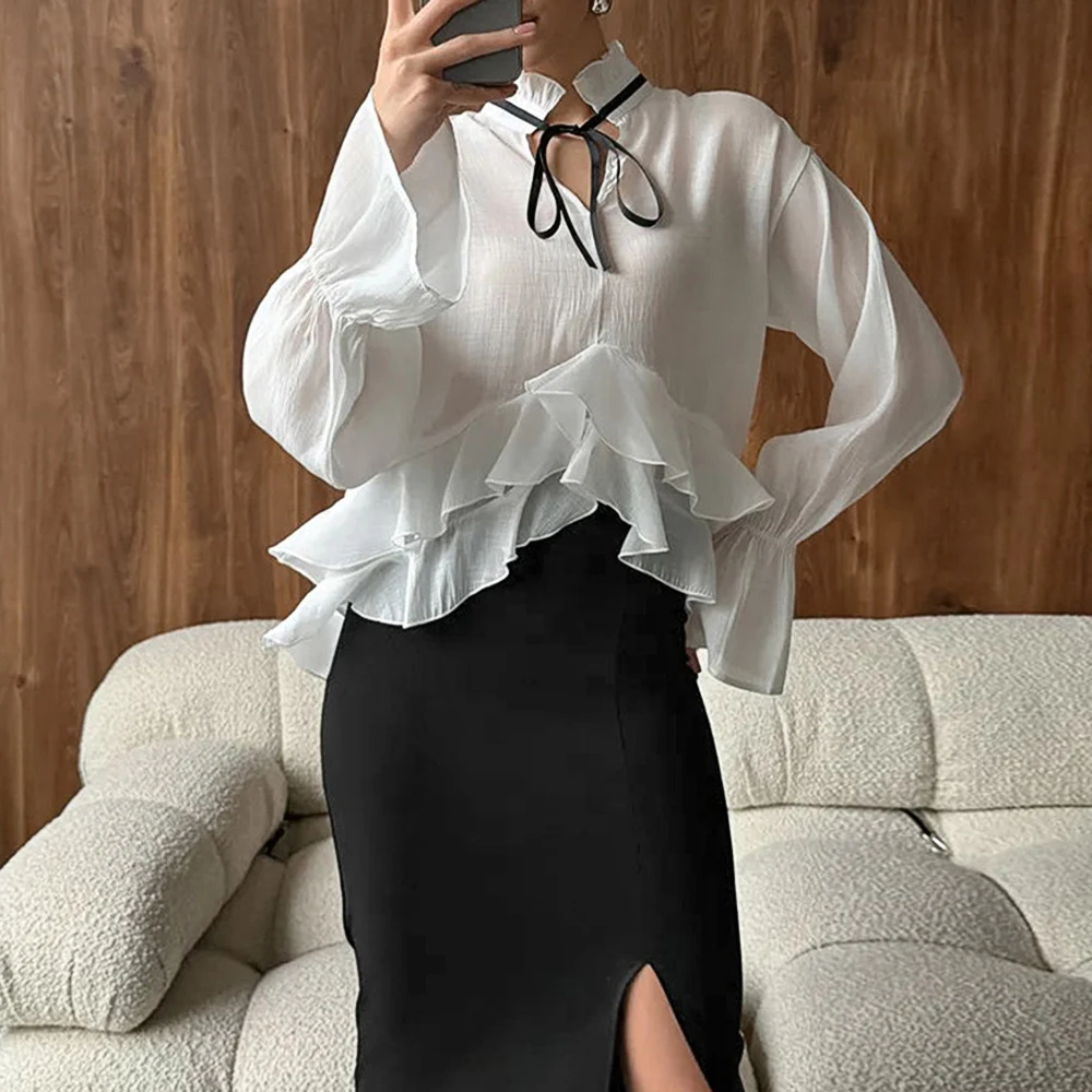 Damska koszula z długim rękawem, marszczona, dopasowana, w stylu europejsko-amerykańskim, elegancka warstwowa bluzka, nowa jesienna moda.