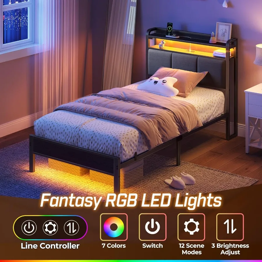 Marco de cama doble con estación de carga incorporada y luces LED ambientales Cabecero tapizado con almacenamiento ajustable Sh