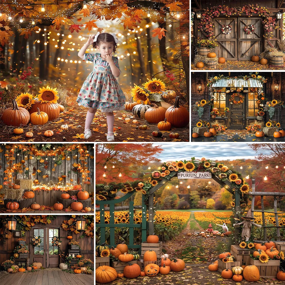 Autumn Photography Background Maple Leaf Pumpkin Warehouse Wooden Door Decoration Kids Fall Photo Portrait For Studio Props