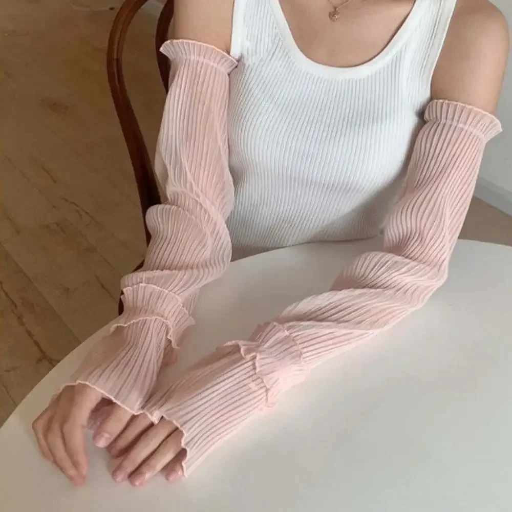 New Summer Long Fingerless Sleeves for Women Sun Protection Lady Thin Lace Mesh Gloves Sunscreen Anti-UV Breathable Arm Sleeves